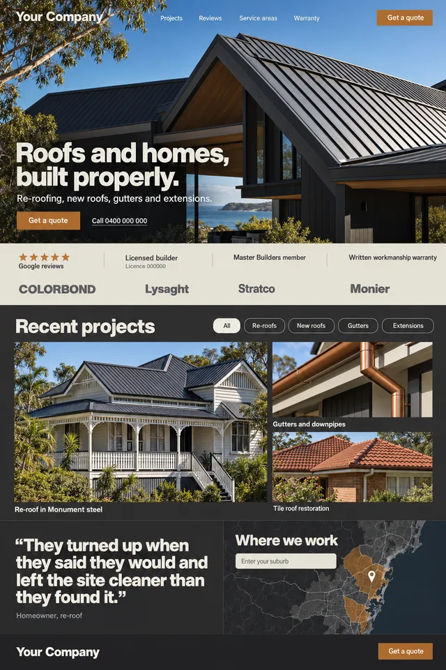 Monument: a dark homepage in Colorbond colours with a large photo of a charcoal metal roof, a trust band under it, a project gallery, a review and a service area map