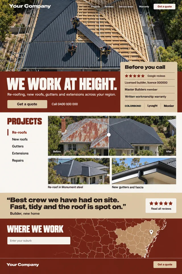 From above: a drone photo of a crew laying a metal roof, a red-oxide band with a panel of reviews and licences, before and after project photos and a service area map